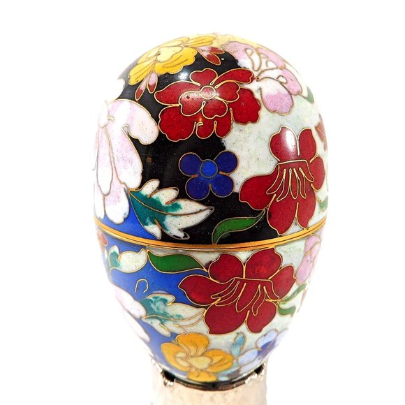 Old Cloisonne Enamel Hinged Egg Trinket Box with Stand  5" - Picture 5 of 8